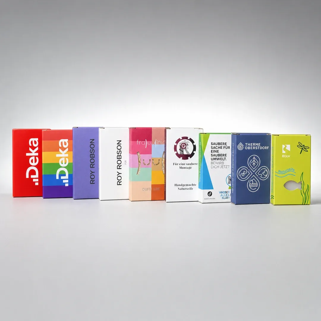 Individuelle Seifen-Kartonverpackungen mit Kundenlogos – u. a. Deka, ROY ROBSON, EGLV