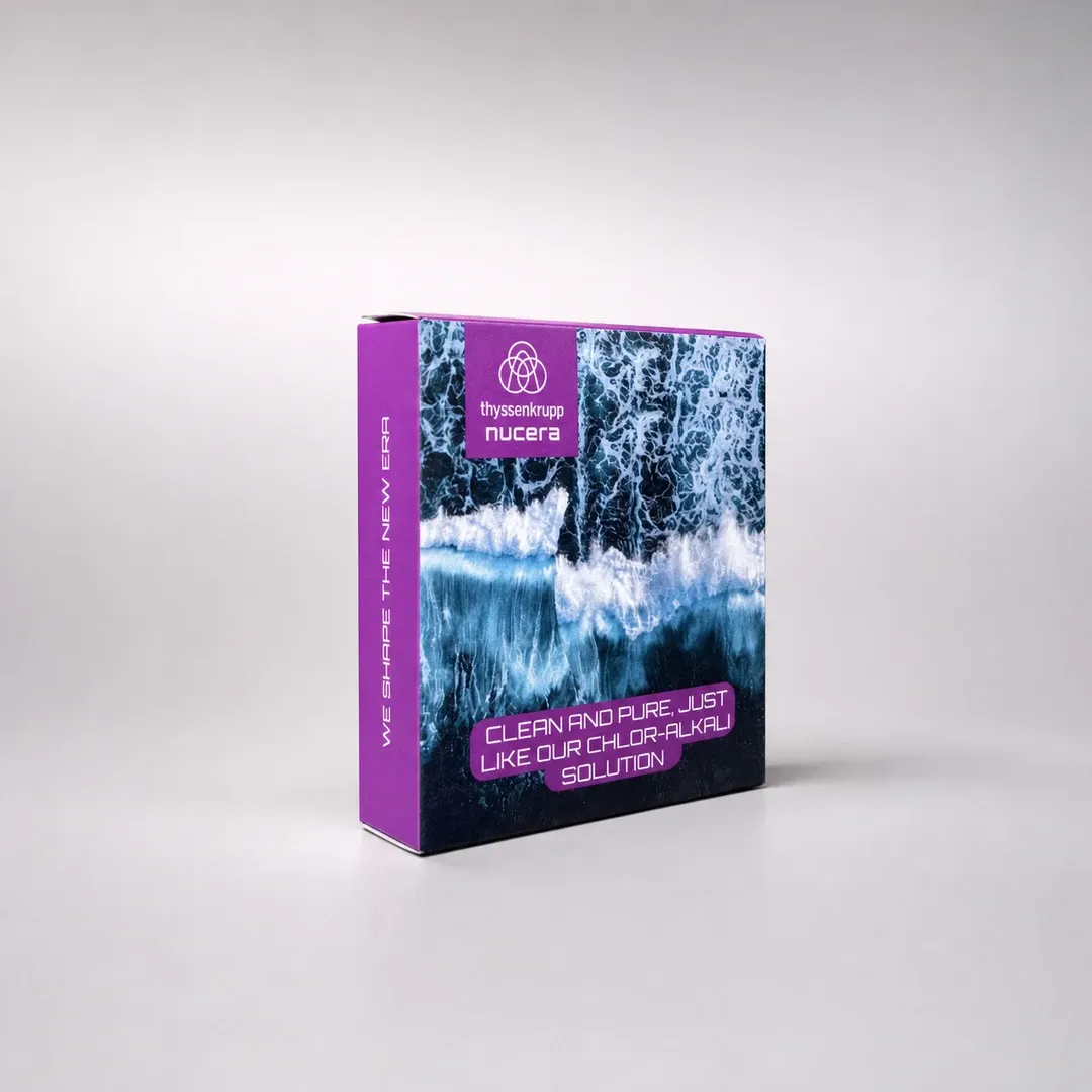 Individuelle Seifen-Kartonverpackung mit ThyssenKrupp-nucera-Branding